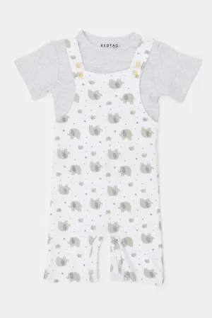 Baby White And Grey Printed T-Shirt And Dungaree Set (2 Piece)