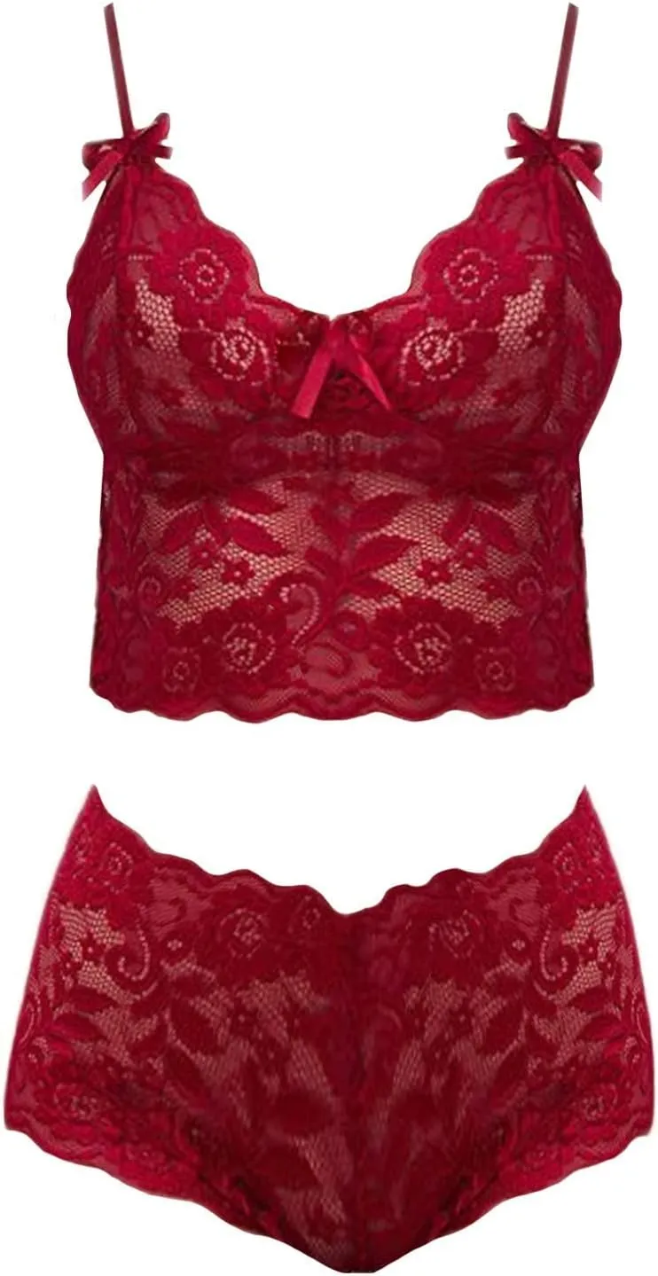 cooki Women Pajama Set 2 Piece Lace Bralette and Shorts Set Valentine's Day Lingerie for Women Sexy Nightwear Sheer Pjs Set