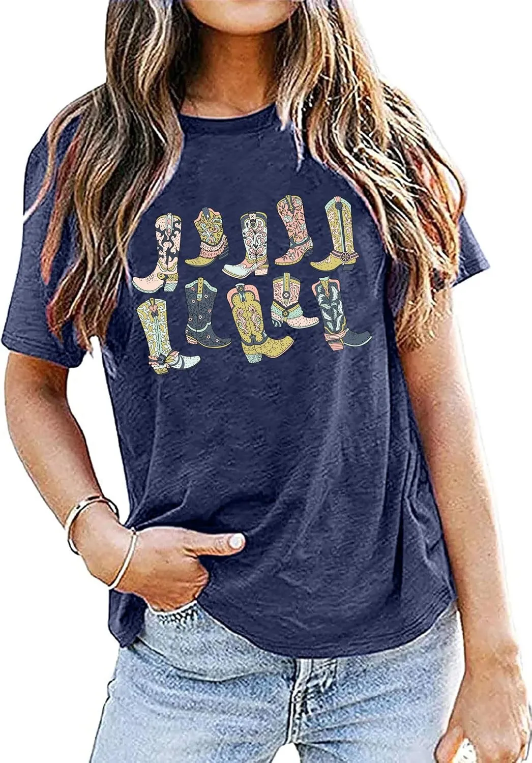 Cowboys Boots Shirts Women Long Live Western Vintage Cowgirl Graphic Tees Funny Letter Print Country Music Tshirt
