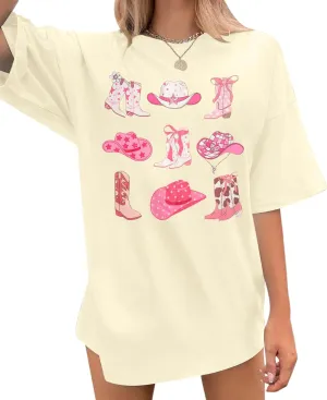 Cowgirl Pink Boots Shirt Women Oversized Cowgirl Country Music Shirts Women Western Shirts Cowboy Tee Tops