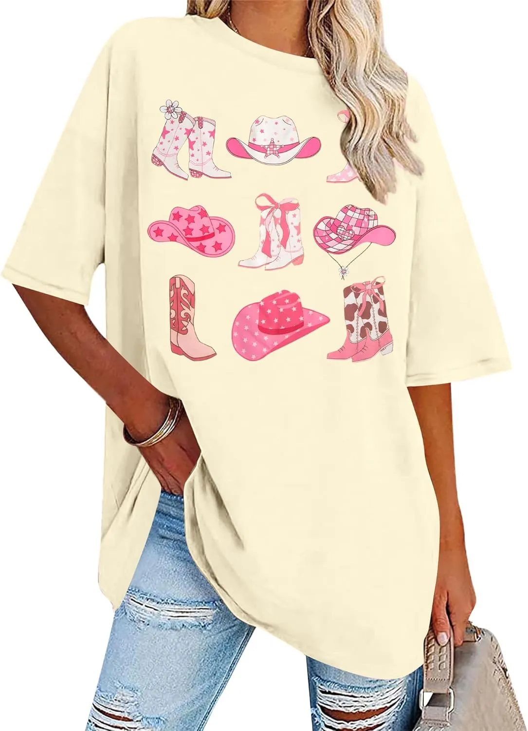 Cowgirl Pink Boots Shirt Women Oversized Cowgirl Country Music Shirts Women Western Shirts Cowboy Tee Tops