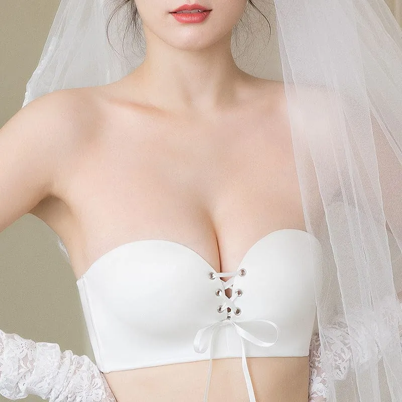 Front Lace Up Removable Strap Push Up Bustier Bra