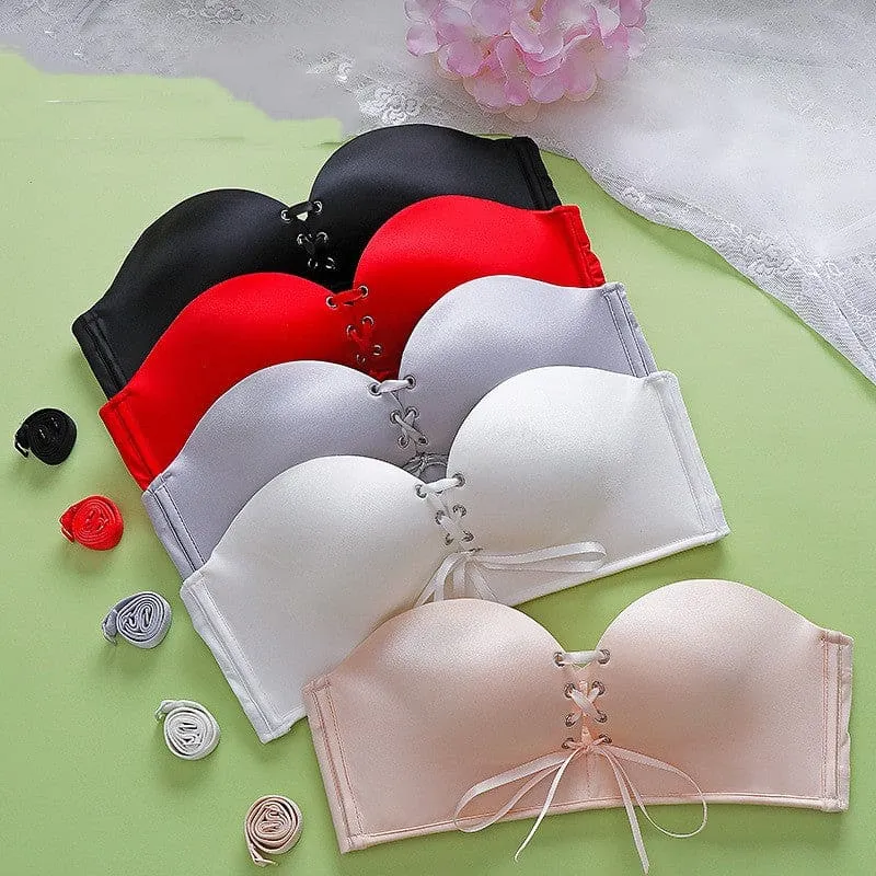 Front Lace Up Removable Strap Push Up Bustier Bra