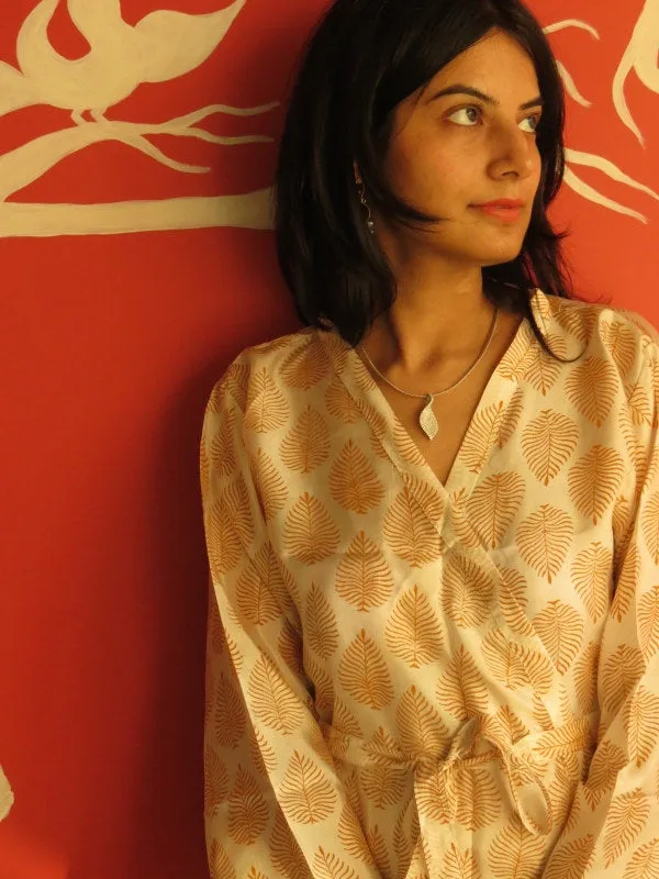 Ivory Leafy Silk Knee Length, Kimono Crossover Belted Robe