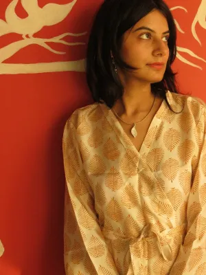 Ivory Leafy Silk Knee Length, Kimono Crossover Belted Robe