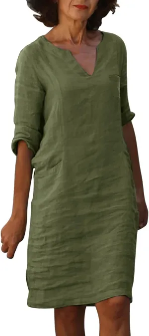 Linen T Shirts for Women Classy Spring Light V Neck Half Sleeve Drop Waist Sun Dress Bohemian Church Clothes for Ladies