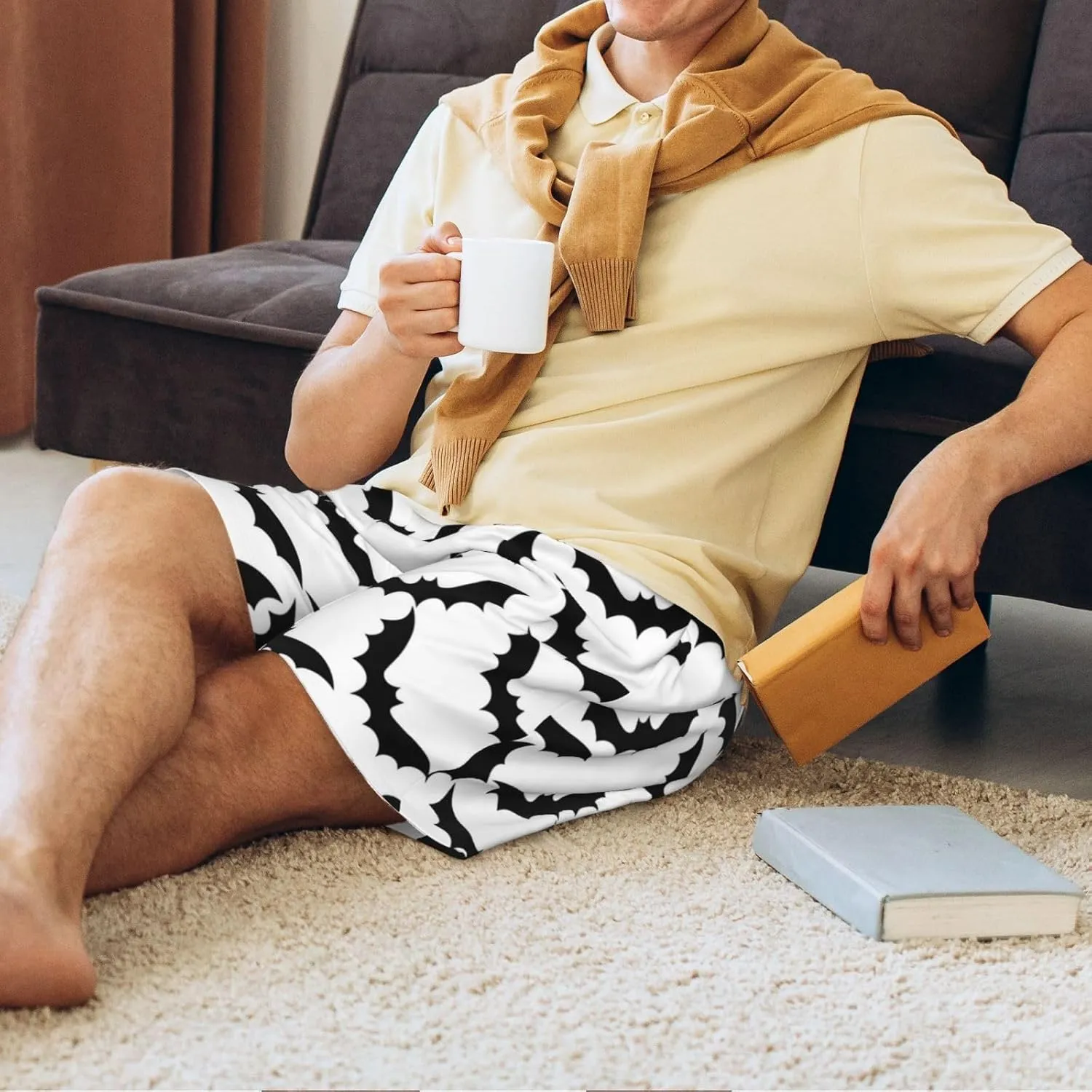 Mens Pajama Pants - Halloween black cool Bat Sleep Shorts Mens Pajama Shorts, Comfy Pj Pants for Mens Lounge Shorts