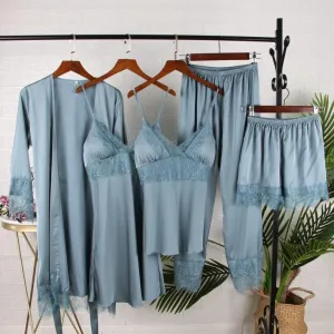 Sexy Female Kimono Gown Satin Capri&Nightdress Set
