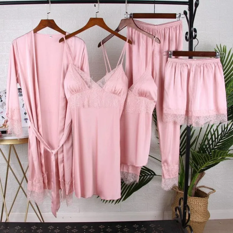 Sexy Female Kimono Gown Satin Capri&Nightdress Set