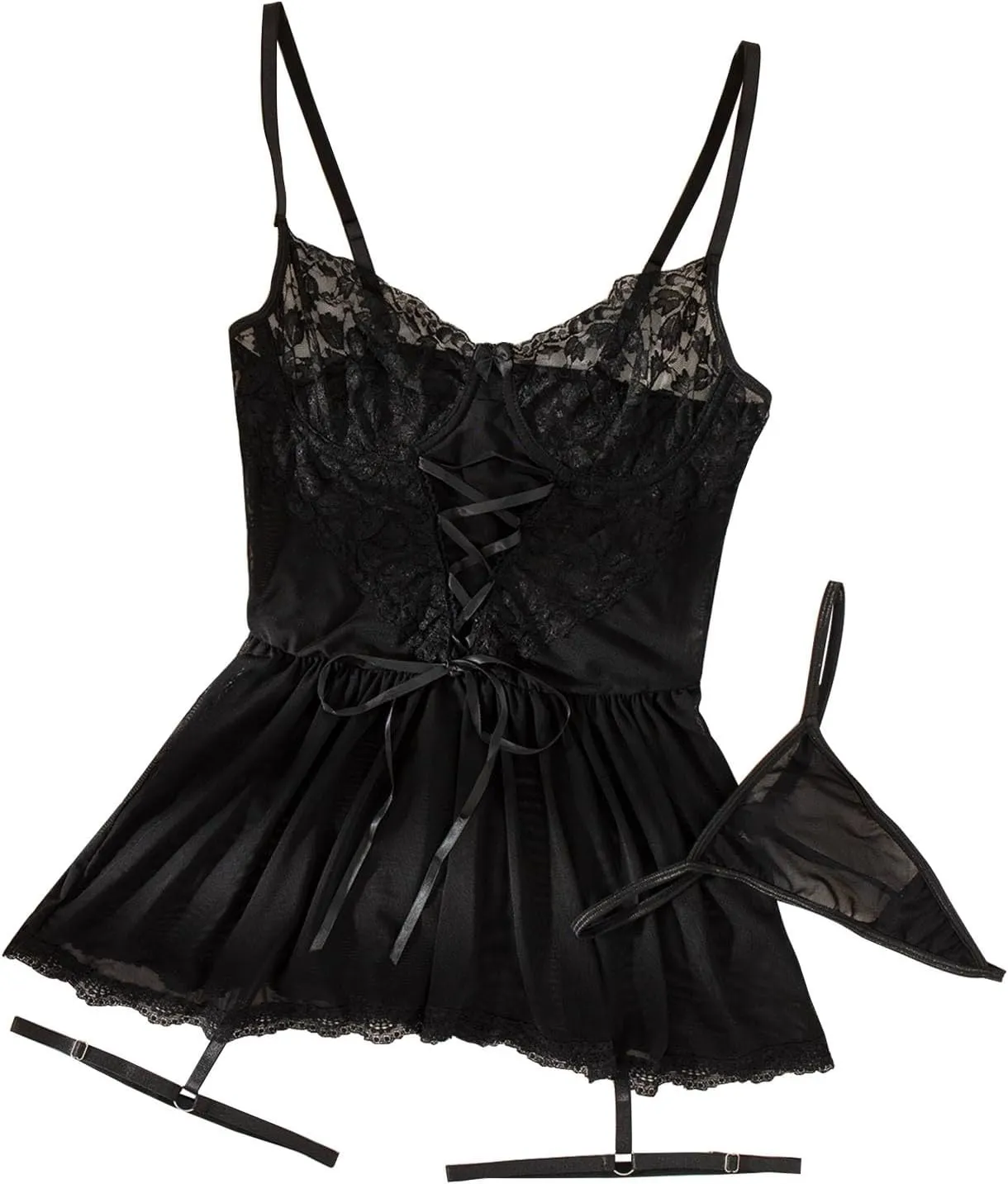 Sexy Lingerie Set for Women Lace Applique Bodysuits 2 Piece Nightdress and Thong Sets Strappy Lingerie Babydoll