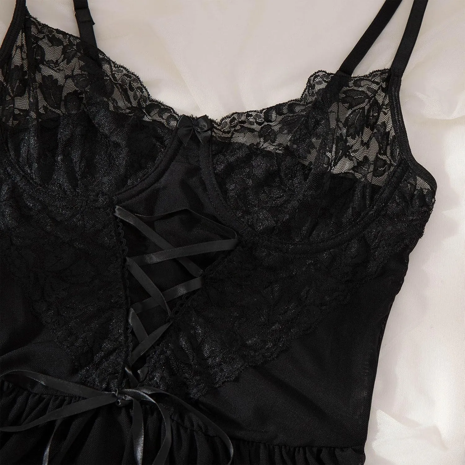 Sexy Lingerie Set for Women Lace Applique Bodysuits 2 Piece Nightdress and Thong Sets Strappy Lingerie Babydoll