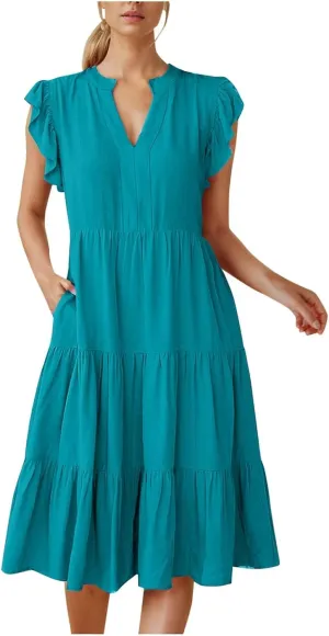 Tea Party Dresses for Woman Spring Cute Ruffle Sleeve V Neck Tiered Funeral Dress Travel Teacher Outfits for Women
