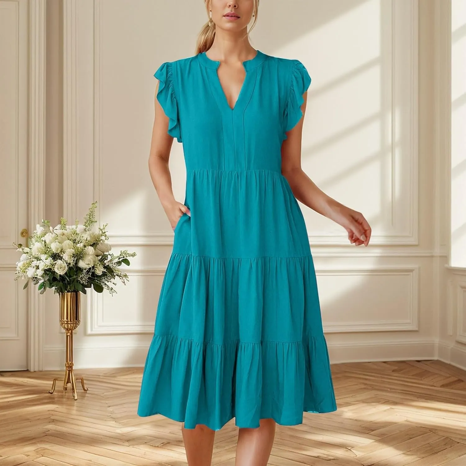 Tea Party Dresses for Woman Spring Cute Ruffle Sleeve V Neck Tiered Funeral Dress Travel Teacher Outfits for Women