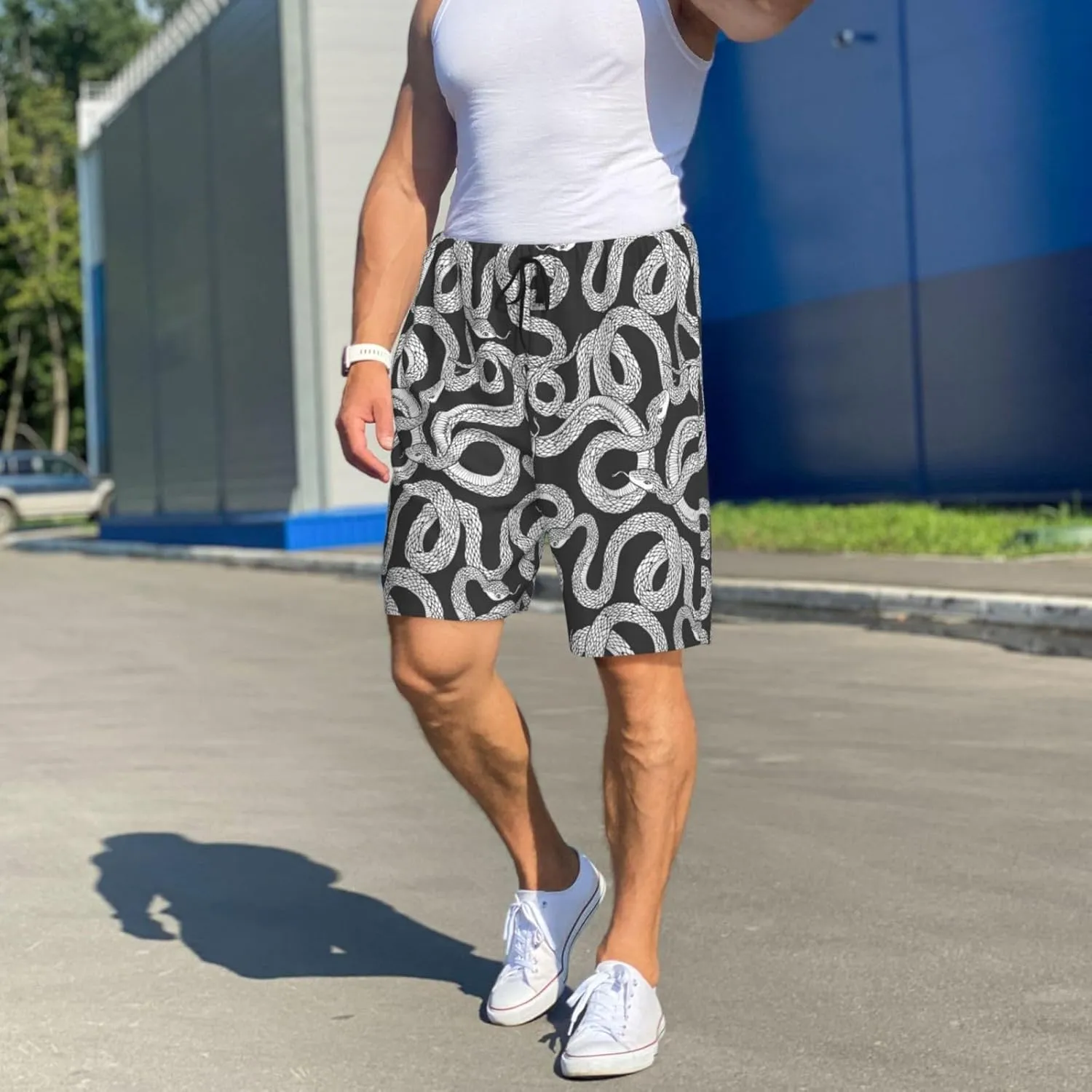 Vosery Mens Pajama Pants - Funny Snake No.20005 Comfy Sleep Shorts Mens Pajama Shorts, Mens Lounge Shorts Pj Pants