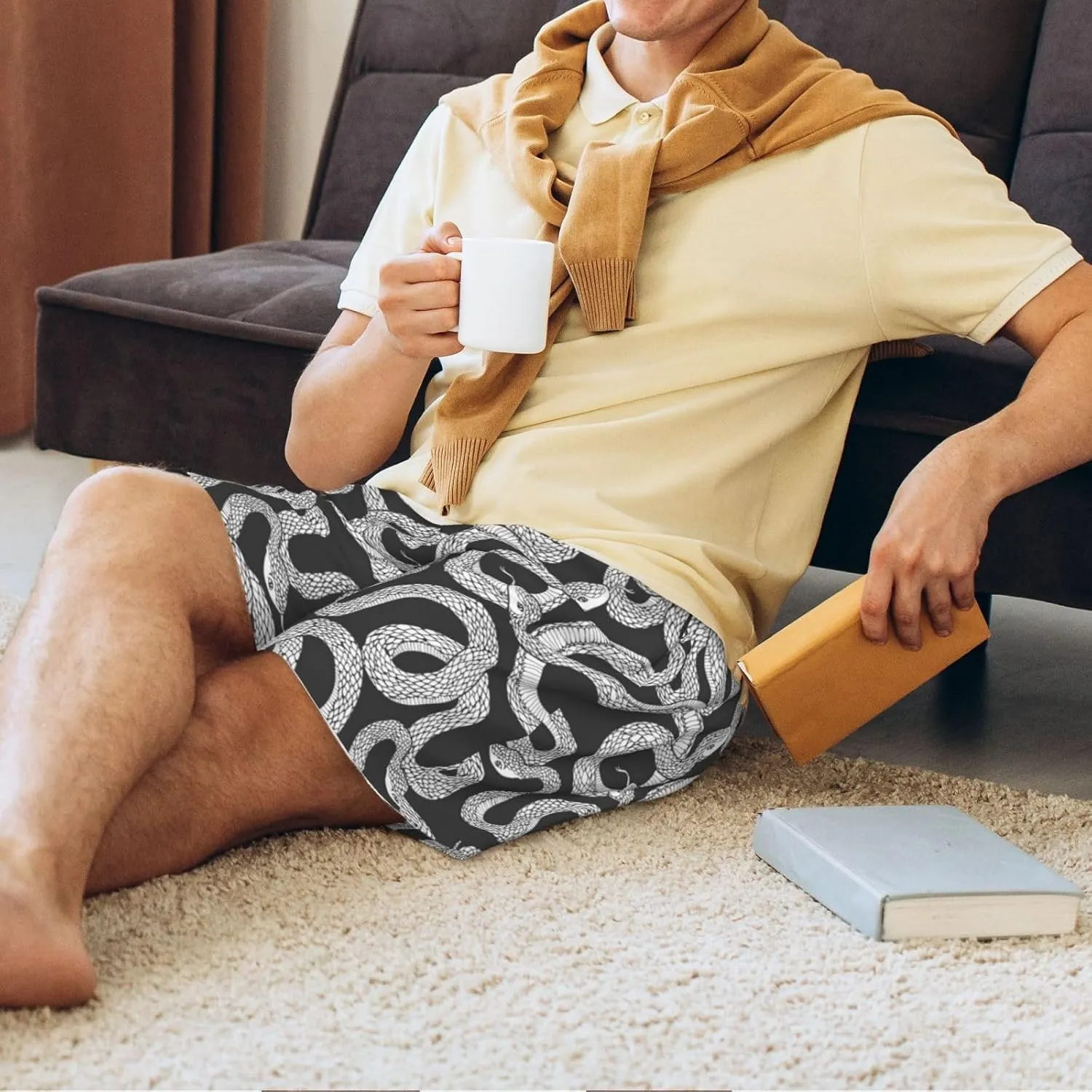 Vosery Mens Pajama Pants - Funny Snake No.20005 Comfy Sleep Shorts Mens Pajama Shorts, Mens Lounge Shorts Pj Pants
