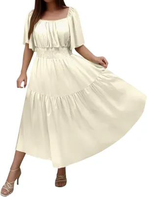 Wedding Guest Dresses for Women Flowy Vintage Square Neck Short Flutter Sleeve Tiered Ruffle Hem Boho Dress Cowgirl Outfits