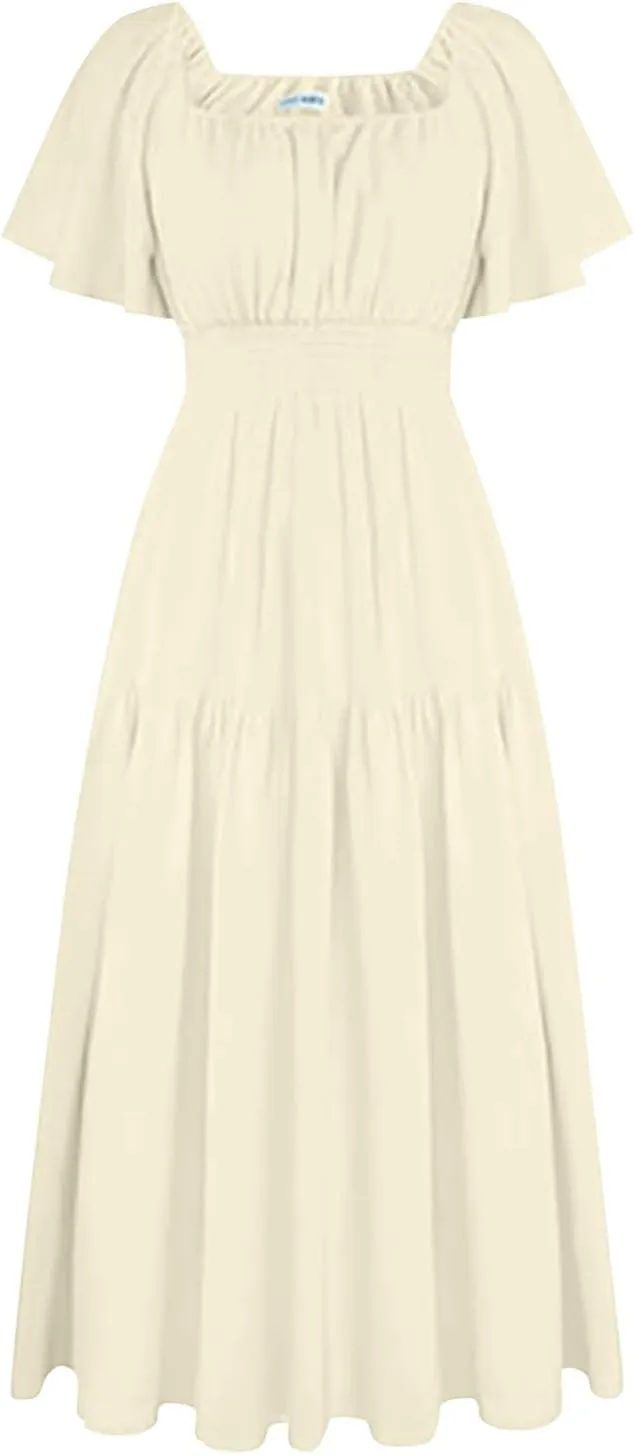 Wedding Guest Dresses for Women Flowy Vintage Square Neck Short Flutter Sleeve Tiered Ruffle Hem Boho Dress Cowgirl Outfits
