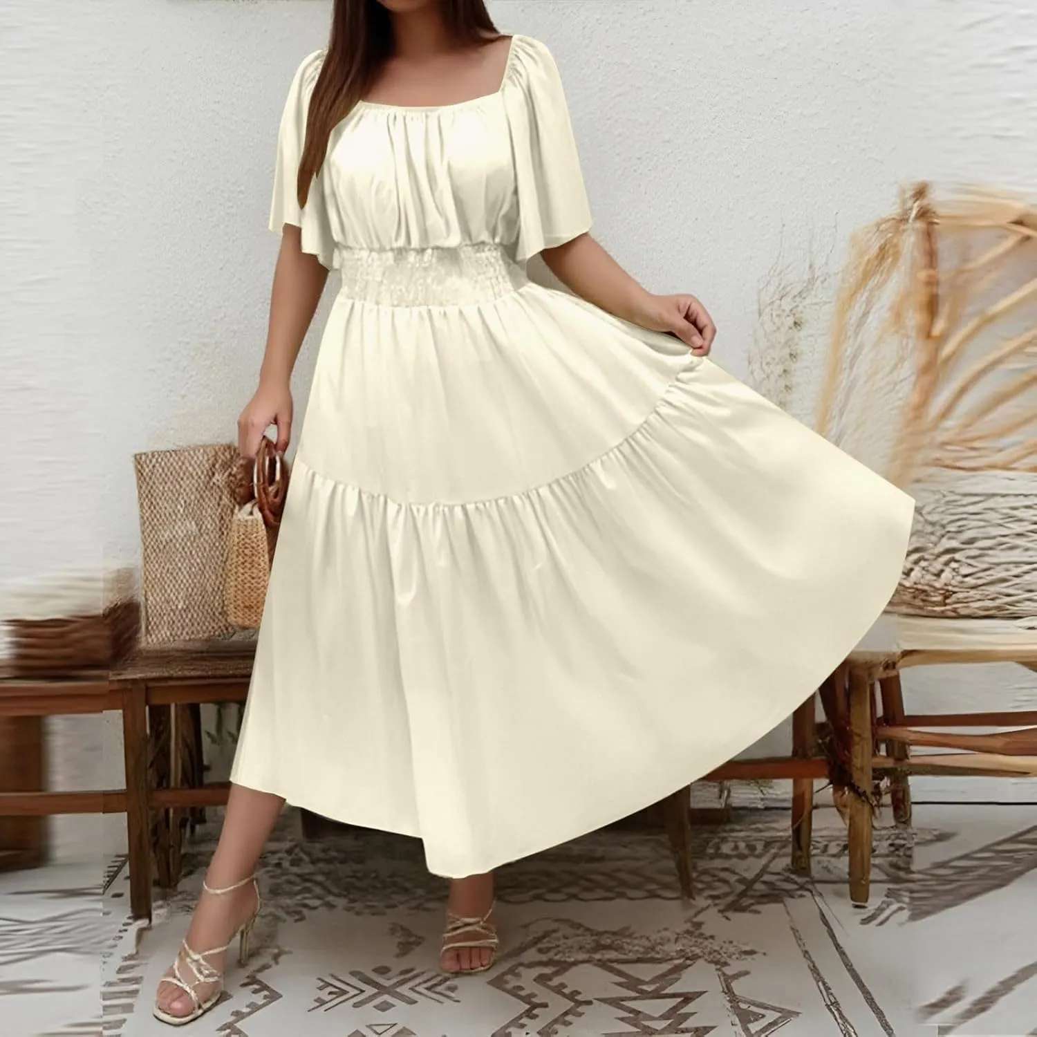 Wedding Guest Dresses for Women Flowy Vintage Square Neck Short Flutter Sleeve Tiered Ruffle Hem Boho Dress Cowgirl Outfits