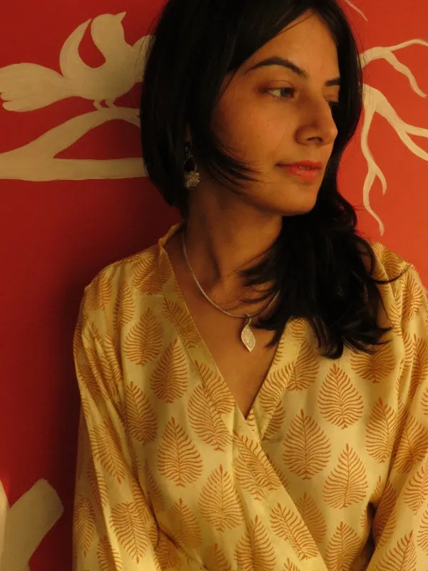 White leafy Silk Hand-Block Printed Kimono Crossover Robe