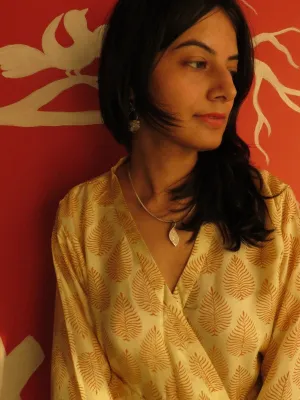 White leafy Silk Hand-Block Printed Kimono Crossover Robe