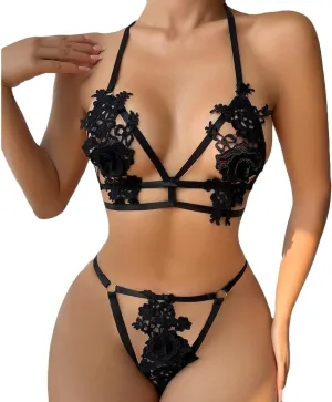 Women 2 Piece Lingerie Sexy Bralette and Thong Set Lace Embroidery Bra Underwear Naughty Underwire See Though Outfit