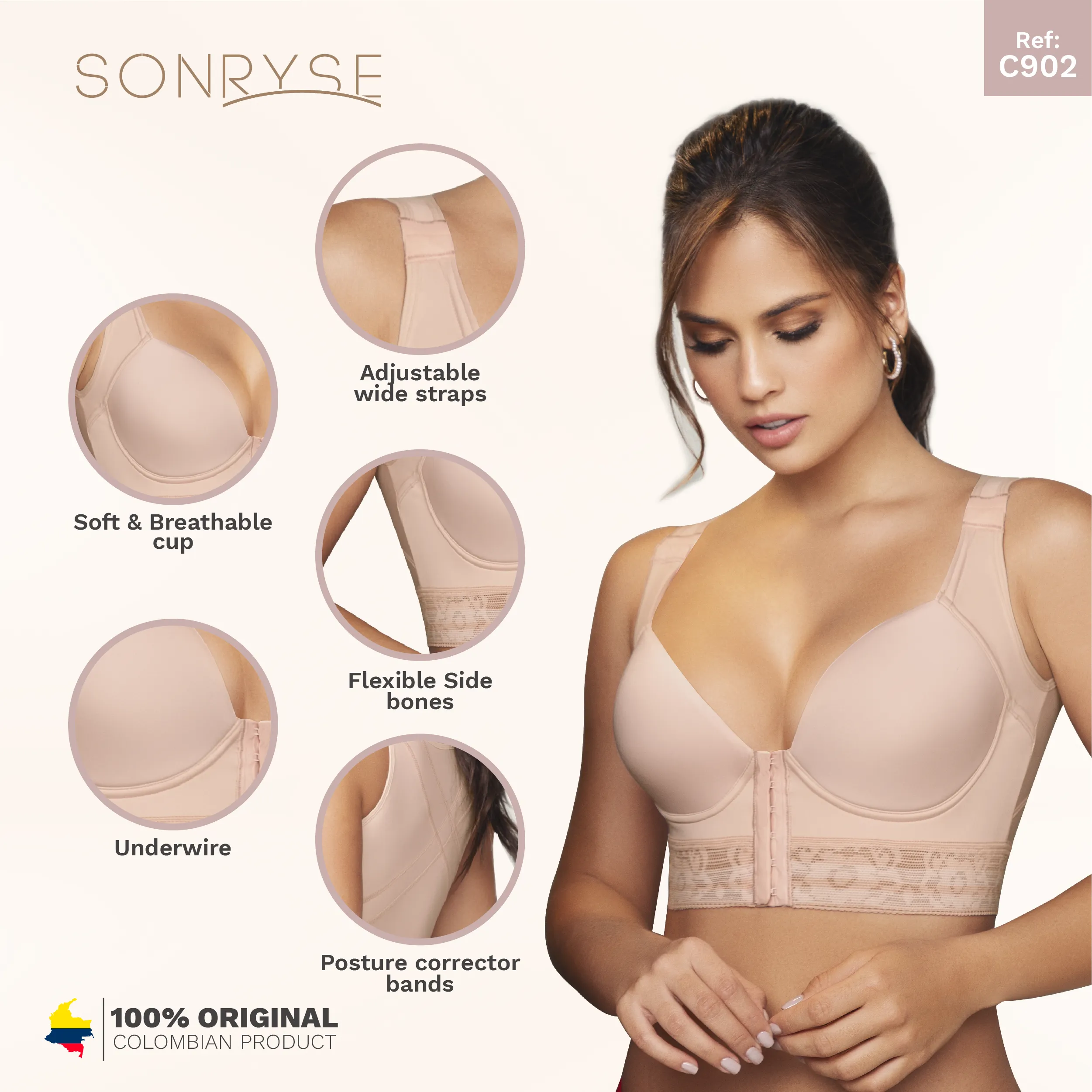 Women Push Up Back Support Front Closure Hook Full Figure Bras Posture SONRYSE C902