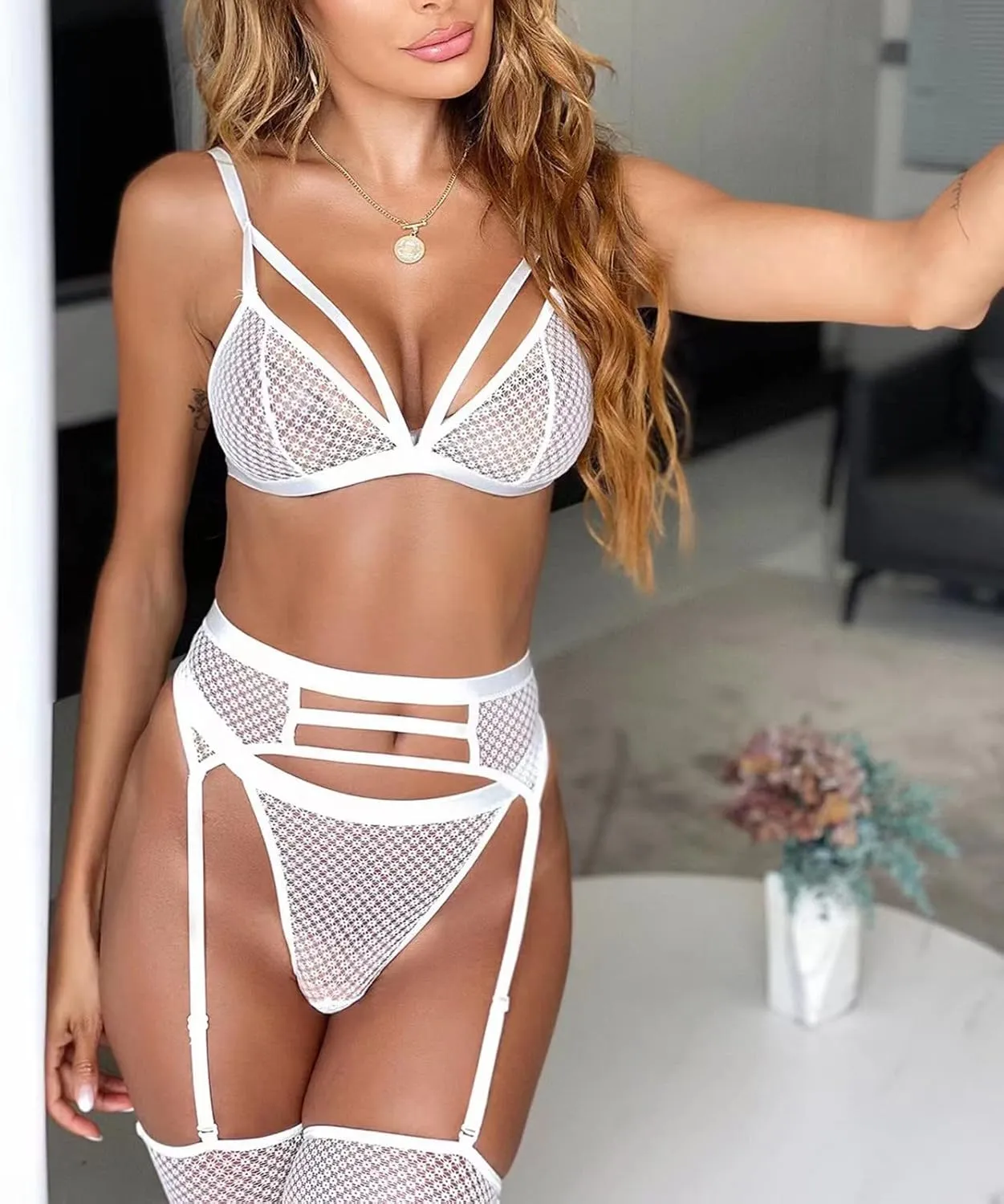 Women Sexy Lingerie Set with Garter Belt 3 Piece Bra and Panty Sets Underwear Hollow Out Exotic Bodysuit Lingerie Set