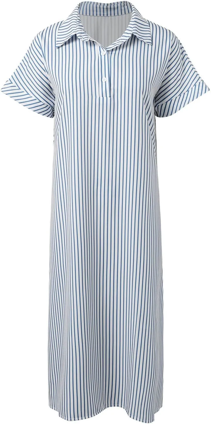 Womens Western Dress Classy Striped Button Down Short Sleeve Tshirt Midi Dress Club Trendy Bump Friendly Clothes