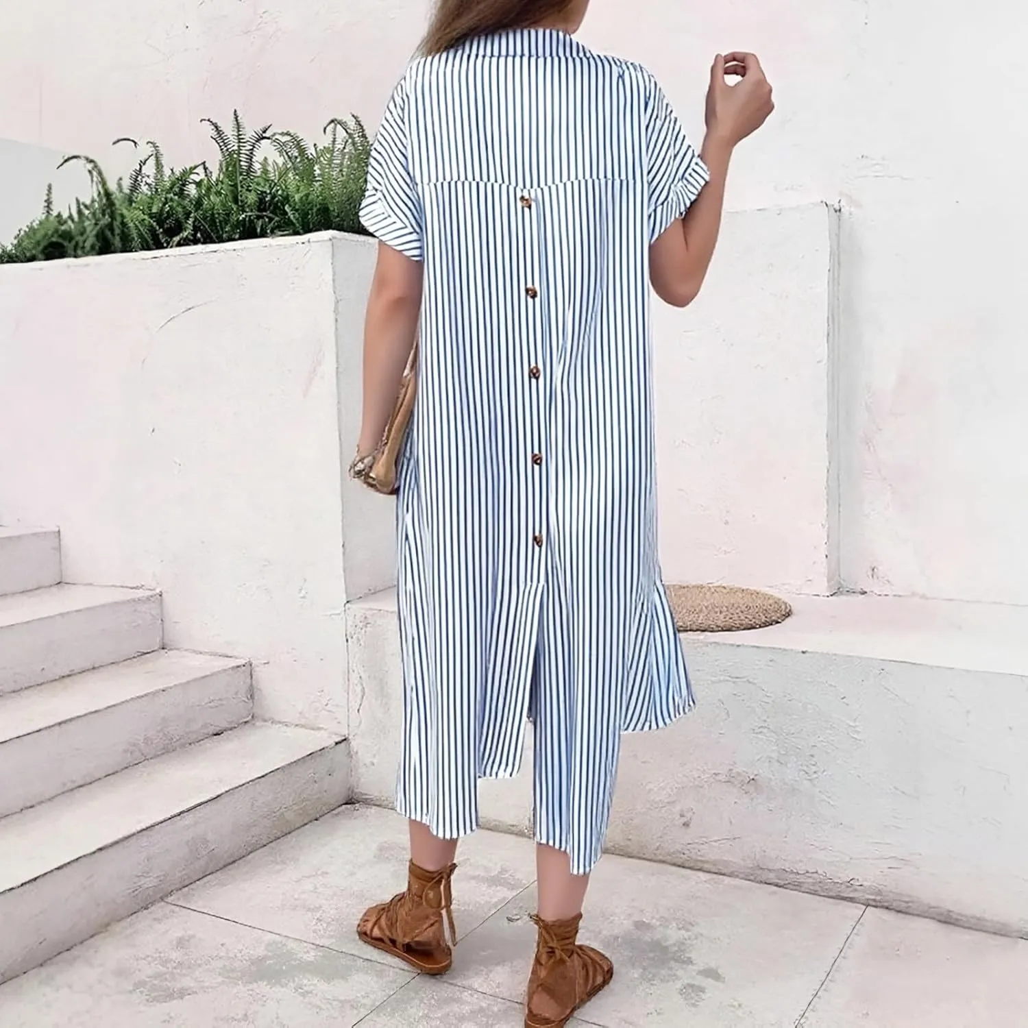 Womens Western Dress Classy Striped Button Down Short Sleeve Tshirt Midi Dress Club Trendy Bump Friendly Clothes