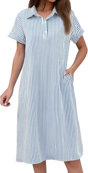 Womens Western Dress Classy Striped Button Down Short Sleeve Tshirt Midi Dress Club Trendy Bump Friendly Clothes