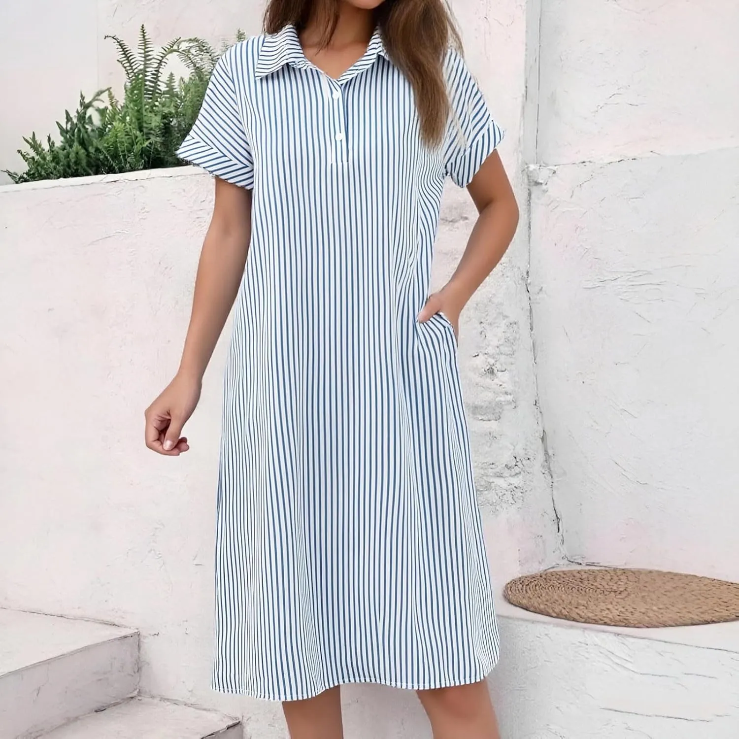 Womens Western Dress Classy Striped Button Down Short Sleeve Tshirt Midi Dress Club Trendy Bump Friendly Clothes