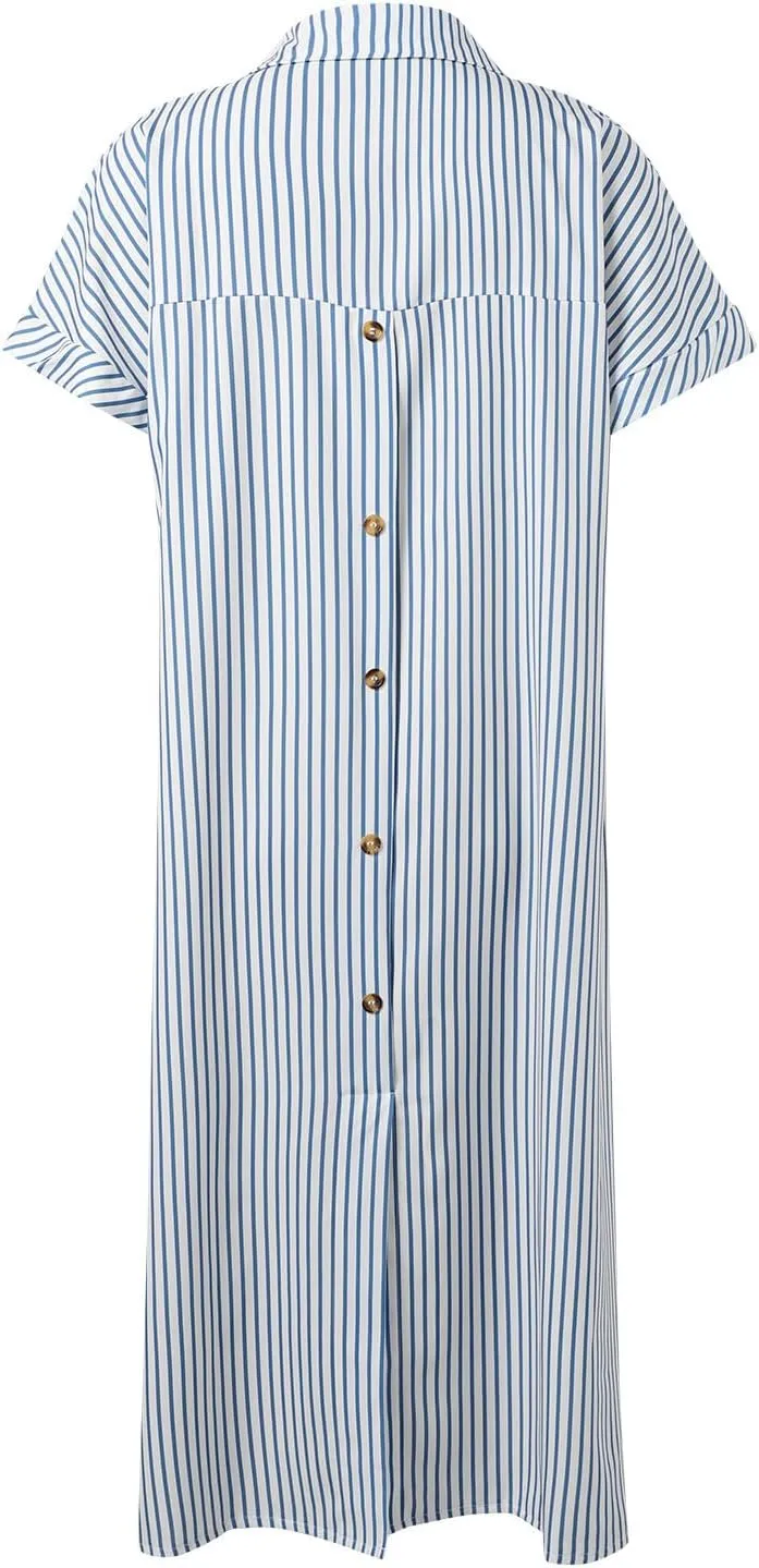 Womens Western Dress Classy Striped Button Down Short Sleeve Tshirt Midi Dress Club Trendy Bump Friendly Clothes